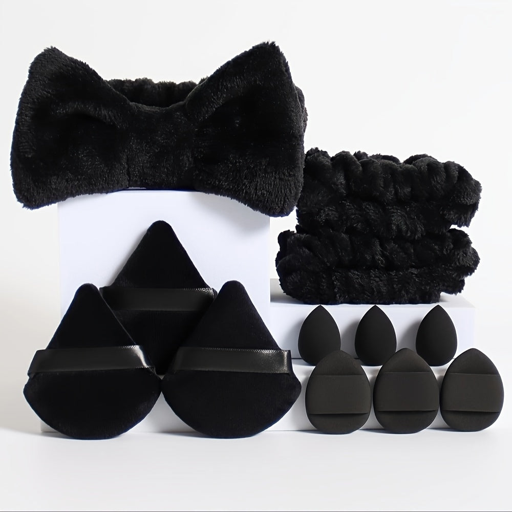 12pcs hair tie set. 1 bow hair tie & 2 wrist bands & 3 mini makeup sponges & 3 triangular loose powder puffs & 3 finger-shaped mini air cushion powder puffs. Foundation mixed beauty sponge, liquid, cream and powder flawless,