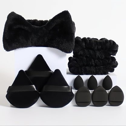 12pcs hair tie set. 1 bow hair tie & 2 wrist bands & 3 mini makeup sponges & 3 triangular loose powder puffs & 3 finger-shaped mini air cushion powder puffs. Foundation mixed beauty sponge, liquid, cream and powder flawless,