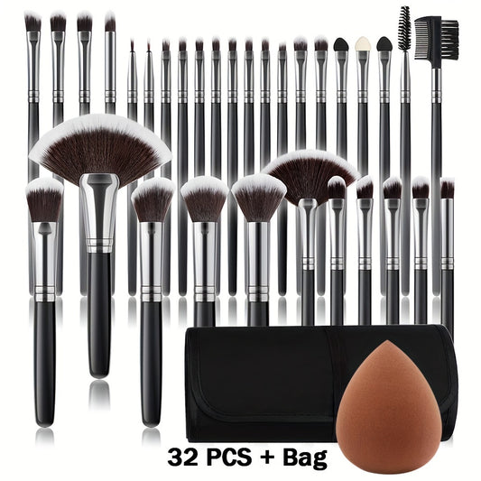 32PCS Deluxe Wooden Handle Makeup Brush Set - Soft Nylon Bristles, Hypoallergenic, All Skin Types, Complete Function Makeup Brushes for Eyeshadow, Blush, Foundation, Blending, and More - Essential Beauty Tools for Beginners a