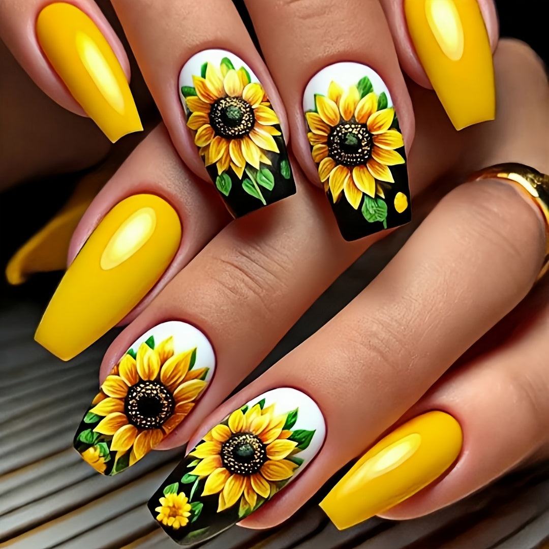 24pcs Lemon Yellow Sunflower Press-On Nails - Glossy Finish, Medium Length Ballet Style with Vibrant Floral Design, Easy Application Fake Nails for Women & s, Cute Nails, Beauty Accessories, Playful Nail Art, Durable Pressons