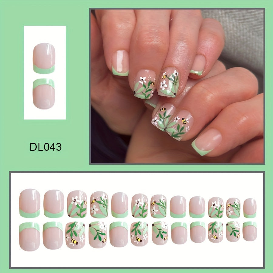 24pcs Mixed Color Glossy Short Square Press-On Nails - Floral Bee & Greenery Design, Removable False Nails for Manicure, Beauty & Personal Care