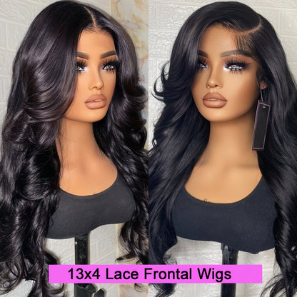 28" Long Body Wave Synthetic Wig - Heat Resistant (Glueless) HD Transparent Lace Front, Natural Black Loose Waves - 200% Density Voluminous Hairpiece for Women, Everyday & Special Events - Compatible with All Light Beige Tone