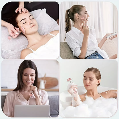 Heart Shaped Pink Quartz Facial Roller Set, Double Ended Hand Massage Tool, Unscented, Unpowered, Battery Free, For Face, Eyes And Body, Beauty And Gua Sha Massage Combo Set