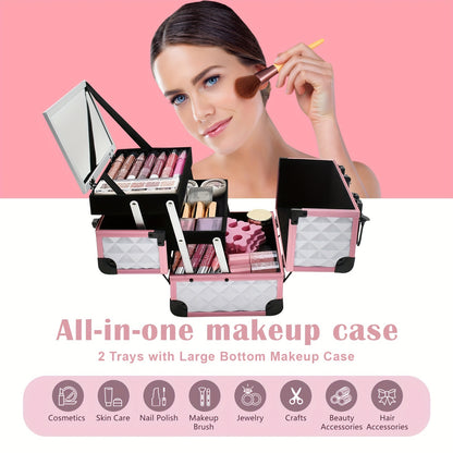 1pcs Aluminum Alloy Train Case Professional Portable Makeup Box with Handle, Unisex-adult Metal Cosmetic Organizer with Lock, Non-Waterproof Large Storage Travel Case for Makeup Artist, Beauty Accessories, Unscented - Pink Wh