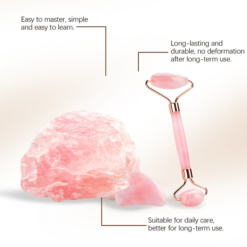 Heart Shaped Pink Quartz Facial Roller Set, Double Ended Hand Massage Tool, Unscented, Unpowered, Battery Free, For Face, Eyes And Body, Beauty And Gua Sha Massage Combo Set