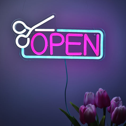 Chic Sissor & OPEN LED Neon Sign - USB Powered, Wall-Mounted Decor for Hair Salons and Beauty Shops, 11.34''x5.63'', Hair Cut, Store Decoration