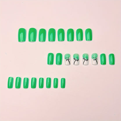 24-Piece Press-On Nail Set, Green & White Square Shape, Medium Length, with Green Dandelion Design, Glossy Finish, Removable & Reusable, Beauty & Personal Care, Nail Art Accessories