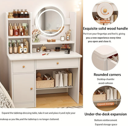 Radiant Glamour Vanity Desk - LED Mirror with Touch Screen Lighting, 3 Customizable Modes, Adjustable Brightness, Complete with Drawers & Storage Shelves for Effortless Beauty Routine, Perfect Bedroom Dressing Table
