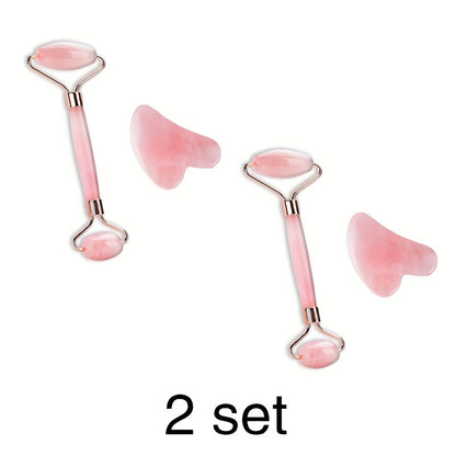 Heart Shaped Pink Quartz Facial Roller Set, Double Ended Hand Massage Tool, Unscented, Unpowered, Battery Free, For Face, Eyes And Body, Beauty And Gua Sha Massage Combo Set