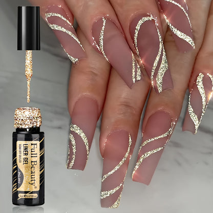 Full Beauty Sparkling Glitter Gel Nail Polish - Champagne Golden & Silvery, Waterproof, Odorless, UV-Cured Semi-Permanent Liner for French Manicures