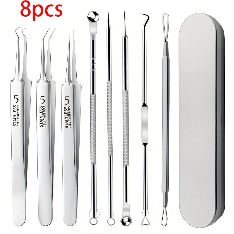 8pcs Stainless Steel Blackhead & Acne Removal Tool Set - Professional Salon Quality Beauty Tools for Flawless Skin, Fragrance-Free, Suitable for All Skin Types