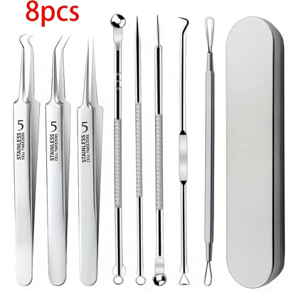 8pcs Stainless Steel Blackhead & Acne Removal Tool Set - Professional Salon Quality Beauty Tools for Flawless Skin, Fragrance-Free, Suitable for All Skin Types
