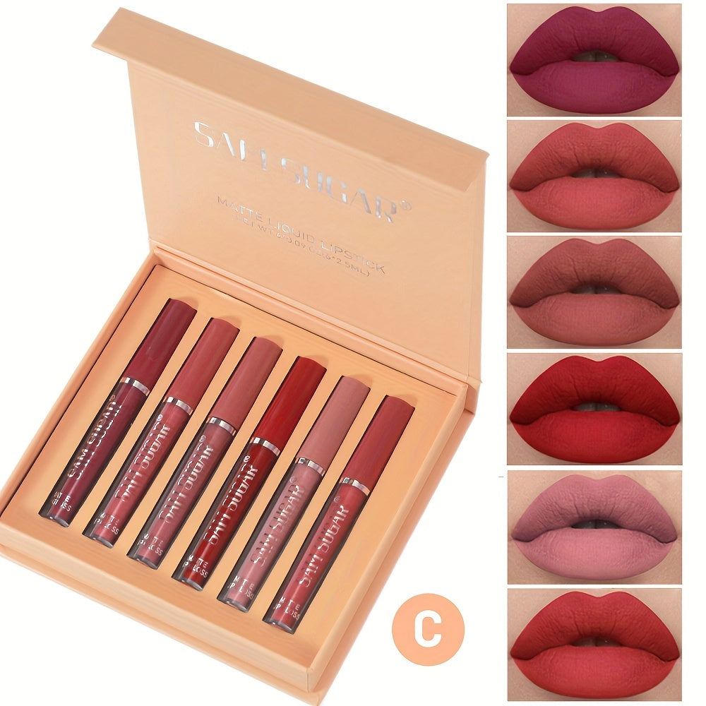 SAM SUGAR Matte Liquid Lipstick Set - Waterproof, Non-Stick Cup Long Lasting Lip Gloss Collection, 6 Shades of Orange, Pink, Red & Skin Tones - Perfect Gift for Mother's Day, Valentine's Day, Women's Beauty Essentials
