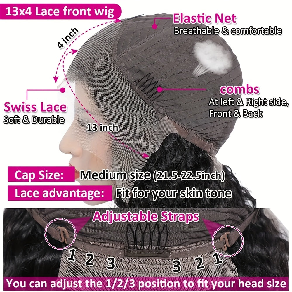 28" Long Body Wave Synthetic Wig - Heat Resistant (Glueless) HD Transparent Lace Front, Natural Black Loose Waves - 200% Density Voluminous Hairpiece for Women, Everyday & Special Events - Compatible with All Light Beige Tone