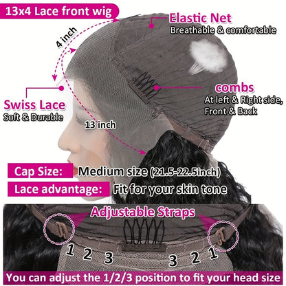 28" Long Body Wave Synthetic Wig - Heat Resistant (Glueless) HD Transparent Lace Front, Natural Black Loose Waves - 200% Density Voluminous Hairpiece for Women, Everyday & Special Events - Compatible with All Light Beige Tone