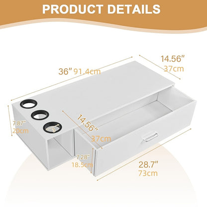 Modern White Wall-Mounted Salon Station for Hair Stylists with 3 Hair Dryer Holes, Open Drawer & Display Shelves – Contemporary Wooden Design for Home or Professional Beauty Salons, Hair Stylist Supplies