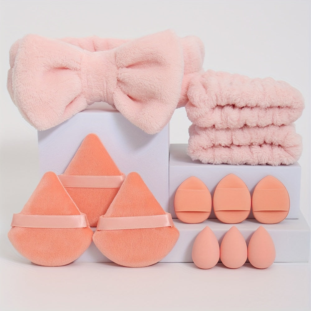 12pcs hair tie set. 1 bow hair tie & 2 wrist bands & 3 mini makeup sponges & 3 triangular loose powder puffs & 3 finger-shaped mini air cushion powder puffs. Foundation mixed beauty sponge, liquid, cream and powder flawless,