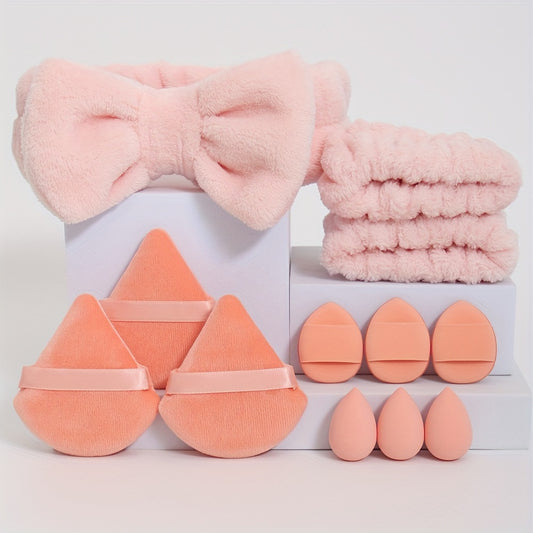 12pcs hair tie set. 1 bow hair tie & 2 wrist bands & 3 mini makeup sponges & 3 triangular loose powder puffs & 3 finger-shaped mini air cushion powder puffs. Foundation mixed beauty sponge, liquid, cream and powder flawless,