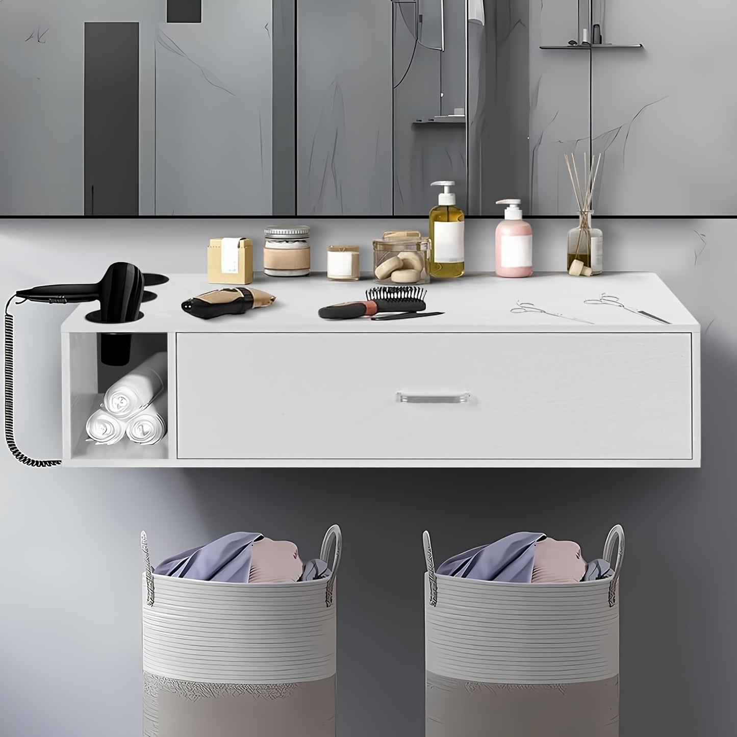 Modern White Wall-Mounted Salon Station for Hair Stylists with 3 Hair Dryer Holes, Open Drawer & Display Shelves – Contemporary Wooden Design for Home or Professional Beauty Salons, Hair Stylist Supplies