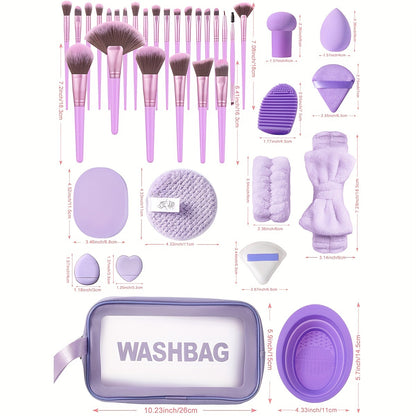 48-Piece Makeup Tools Set – Comprehensive Facial Makeup Kit with 25 Wand Brushes, Nylon Bristles, ABS Plastic Handle, for Normal Skin, Includes Washbag, Hair Ties, Wristbands, Mushroom Sponge, Thick Fan Puffs, Large Beauty
