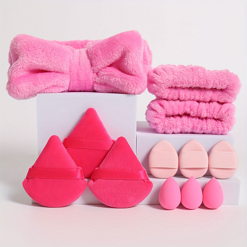 12pcs hair tie set. 1 bow hair tie & 2 wrist bands & 3 mini makeup sponges & 3 triangular loose powder puffs & 3 finger-shaped mini air cushion powder puffs. Foundation mixed beauty sponge, liquid, cream and powder flawless,