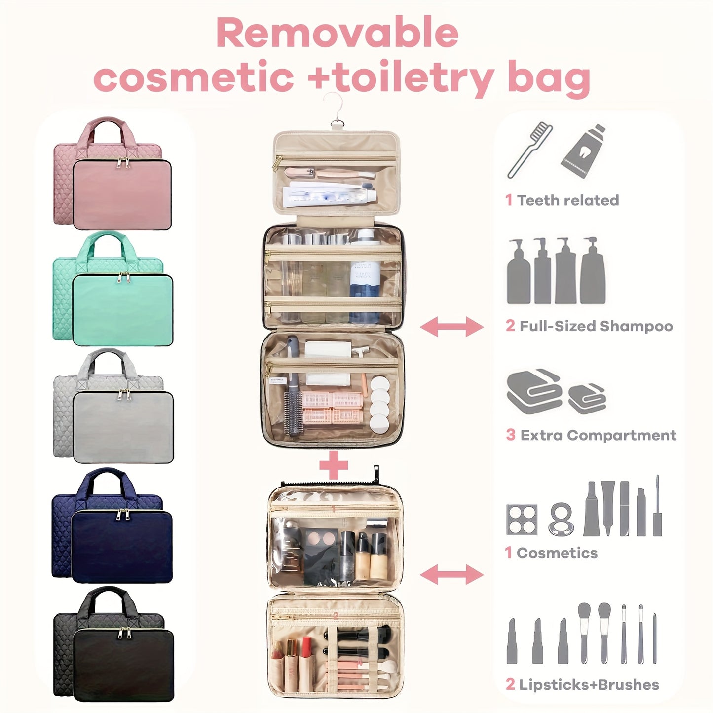 [2pcs Bag] 2-in-1large-capacity Removable Cosmetic Bag, Summer Travel Multi-compartment Hanging Toiletry Bag, With Brush Storage, Universal Portable Beauty Essentials Large Makeup Bag-hanging Toiletry Travel Bag, Suitable For