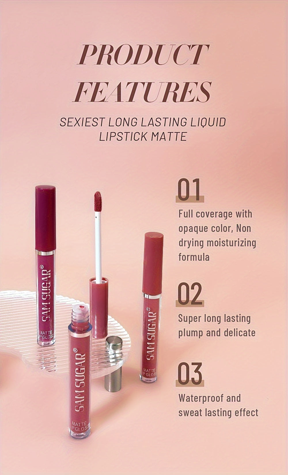 SAM SUGAR Matte Liquid Lipstick Set - Waterproof, Non-Stick Cup Long Lasting Lip Gloss Collection, 6 Shades of Orange, Pink, Red & Skin Tones - Perfect Gift for Mother's Day, Valentine's Day, Women's Beauty Essentials