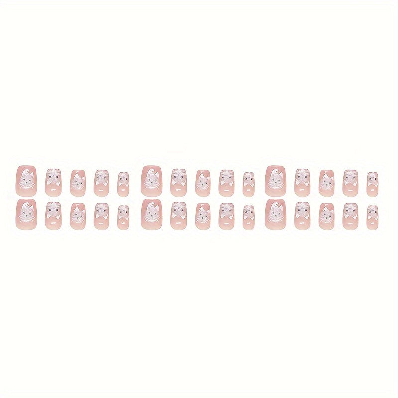 30pcs Glossy Cat Eye Press-On Nails - Cute Cat Face Design with Sparkling Accents, Short Ballet Shape Fake Nails for Hands & Feet, Pink Glossy Reusable Nail Art Stickers, Quick Beauty Fix