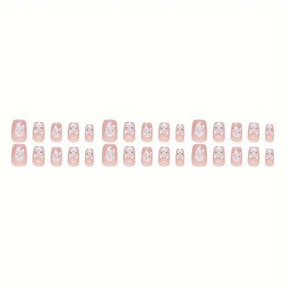 30pcs Glossy Cat Eye Press-On Nails - Cute Cat Face Design with Sparkling Accents, Short Ballet Shape Fake Nails for Hands & Feet, Pink Glossy Reusable Nail Art Stickers, Quick Beauty Fix