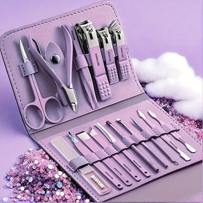 16-Piece Premium Stainless Steel Manicure & Pedicure Kit - Modern Style Nail Clipper Set with Straight Edge, Nail File, Ear Pick, Scissors - Professional Grooming Tools for Travel & Beauty Care