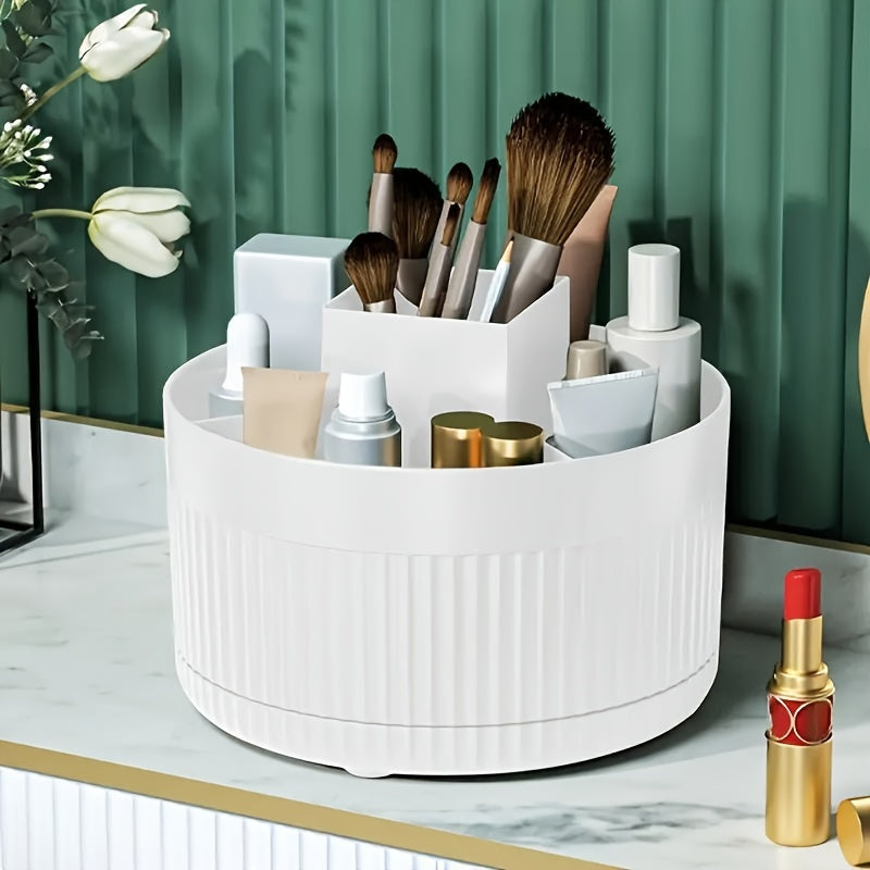 360° Rotating Makeup Organizer - Durable Plastic Cosmetic Storage Box with Multiple Compartments for Brushes, Lipsticks, and Beauty Tools - Ideal for Bedroom Vanity, Bathroom, and Living Room Desk Organization, Makeup Vanity