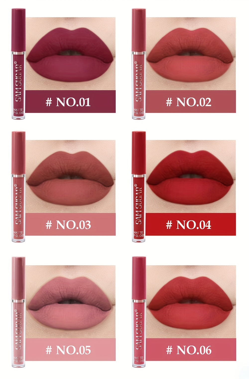 SAM SUGAR Matte Liquid Lipstick Set - Waterproof, Non-Stick Cup Long Lasting Lip Gloss Collection, 6 Shades of Orange, Pink, Red & Skin Tones - Perfect Gift for Mother's Day, Valentine's Day, Women's Beauty Essentials