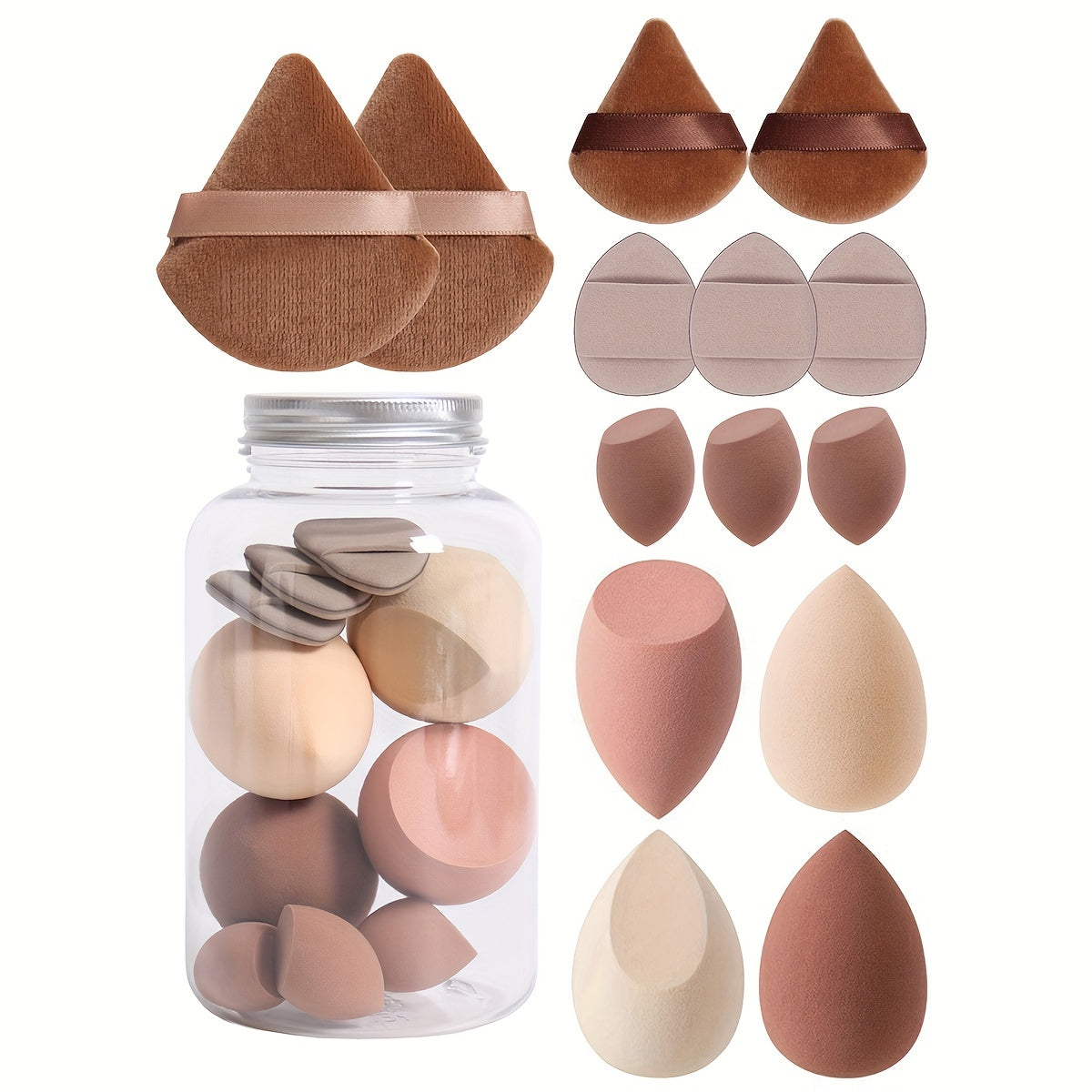 14pc Makeup Sponge Set With Storage Jar, Velvet Beauty Blenders, Latex-Free, Makeup Sponge Finger Puff, Dual-Use Wet & Dry Foundation Cosmetic Puffs, For All Skin Types