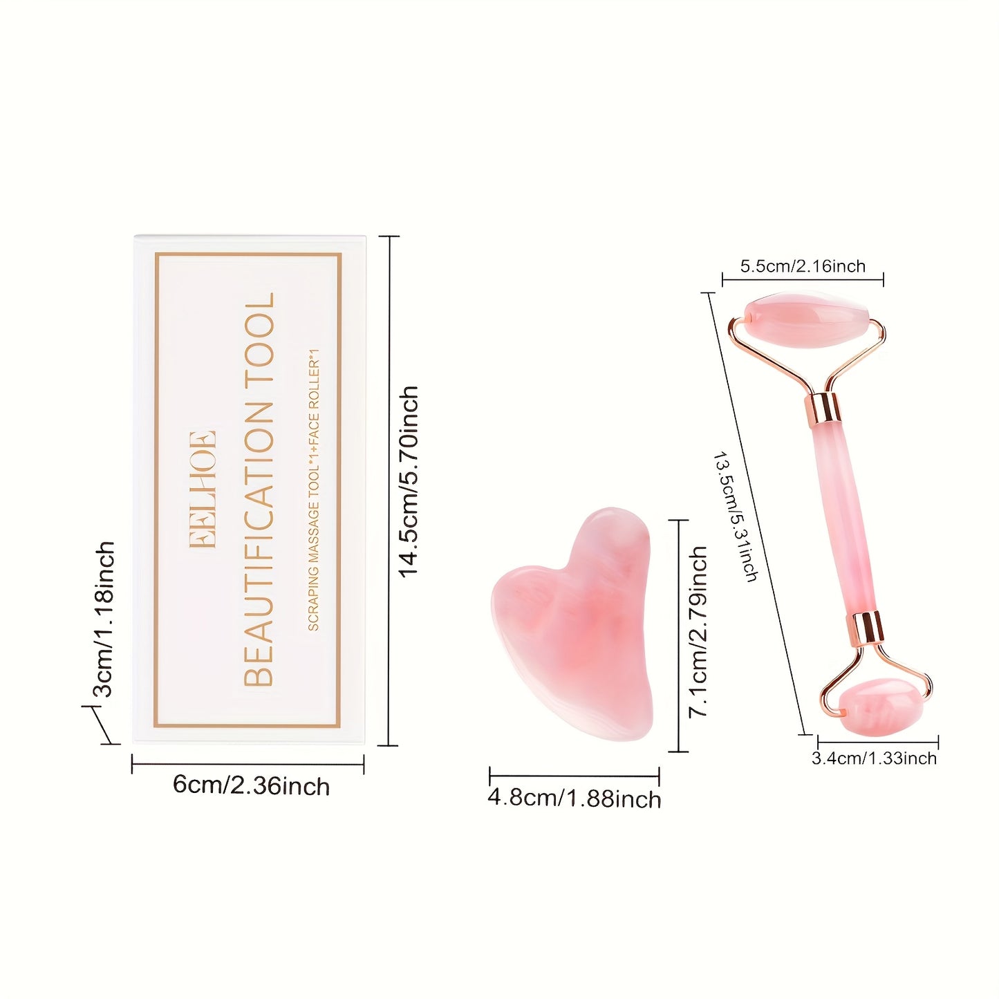 Heart Shaped Pink Quartz Facial Roller Set, Double Ended Hand Massage Tool, Unscented, Unpowered, Battery Free, For Face, Eyes And Body, Beauty And Gua Sha Massage Combo Set