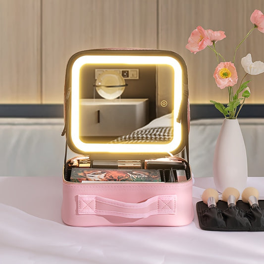 Lighted Travel Makeup Bag - 3 Colors, Mirror, 2-Layer Organizer Portable Cosmetic Case with Adjustable Dividers, Travel Makeup Bag with Mirror, Makeup Artist Travel Case, Large Makeup Bag, Makeup Bag Organizer, Makeup Storage