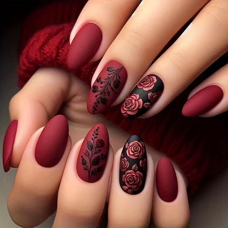 24pcs Press-On Nail Set, Medium Length Almond Shape, Matte Red with Black Floral Relief, Elegant False Nails with Jelly Glue and Nail File, Beauty & Personal Care, Nail Art Accessories