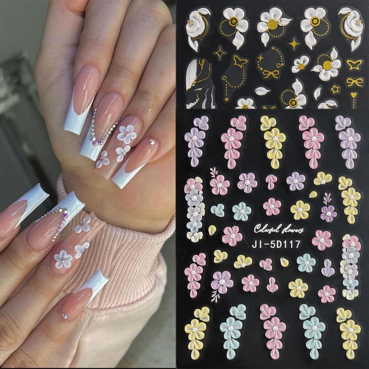 3 Sheets of Vibrant 5D Embossed Floral Nail Art Stickers - Reusable, Self-Adhesive, Durable Vinyl with Pink, Purple, and White Chain Butterfly & Spring Flower Designs - Perfect for Nail Decoration, DIY Projects, and Fashionab