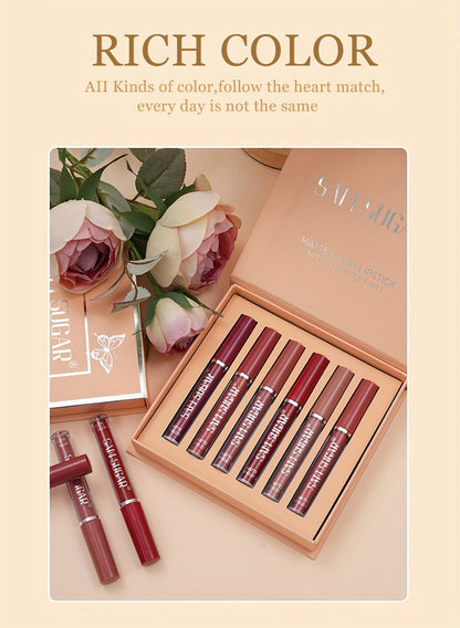 SAM SUGAR Matte Liquid Lipstick Set - Waterproof, Non-Stick Cup Long Lasting Lip Gloss Collection, 6 Shades of Orange, Pink, Red & Skin Tones - Perfect Gift for Mother's Day, Valentine's Day, Women's Beauty Essentials