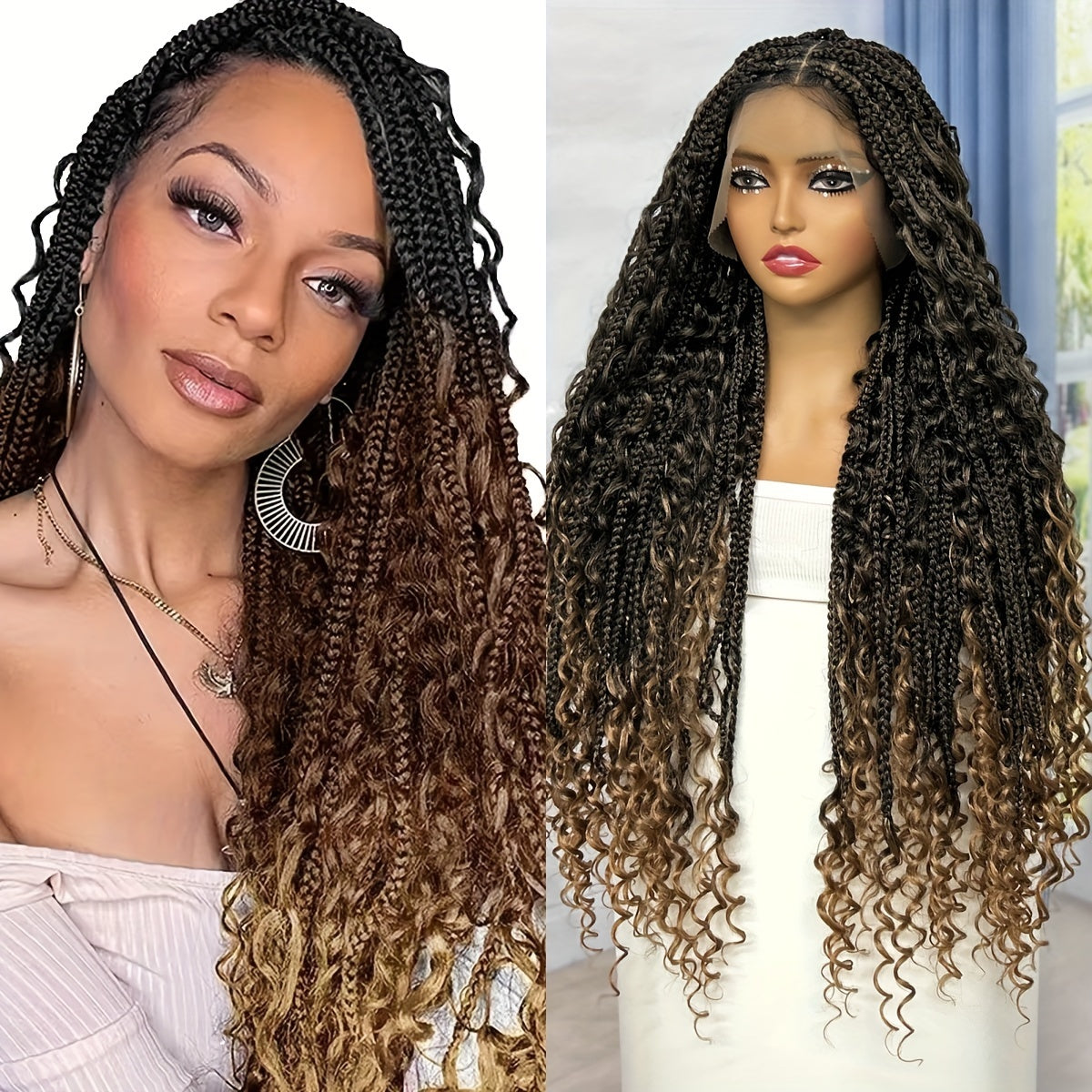 Brisky Beauty Women's Bohemian Knotless Braided Full Lace Wig, Long Goddess Braided Wig, Curly Synthetic Braid, With Baby Hair, Synthetic Bohemian Braided Wig