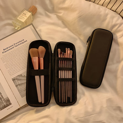 Large Capacity Travel Makeup Brush Organizer Bag - Waterproof PU, Dust-Proof Storage for Eye Shadow & Beauty Tools, Black, Easy to Clean, Portable Design with Multiple Compartments