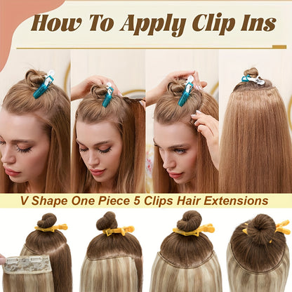 V-Shaped Real Remy Clip In Human Hair Extensions One Piece 3/4 Full Head Weft Straight Hair Human Hair With Seamless Weft Silky Straight For Women