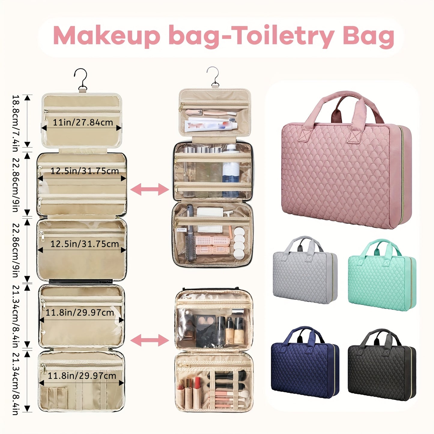 [2pcs Bag] 2-in-1large-capacity Removable Cosmetic Bag, Summer Travel Multi-compartment Hanging Toiletry Bag, With Brush Storage, Universal Portable Beauty Essentials Large Makeup Bag-hanging Toiletry Travel Bag, Suitable For