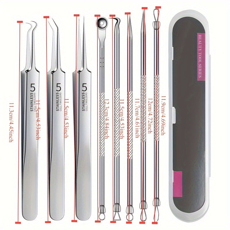 8-Piece Professional Tweezers Set - Ultra-Precision Stainless Steel Blackhead And Pimple Remover, Salon-Quality Beauty Tools For Perfect