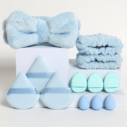 12pcs hair tie set. 1 bow hair tie & 2 wrist bands & 3 mini makeup sponges & 3 triangular loose powder puffs & 3 finger-shaped mini air cushion powder puffs. Foundation mixed beauty sponge, liquid, cream and powder flawless,