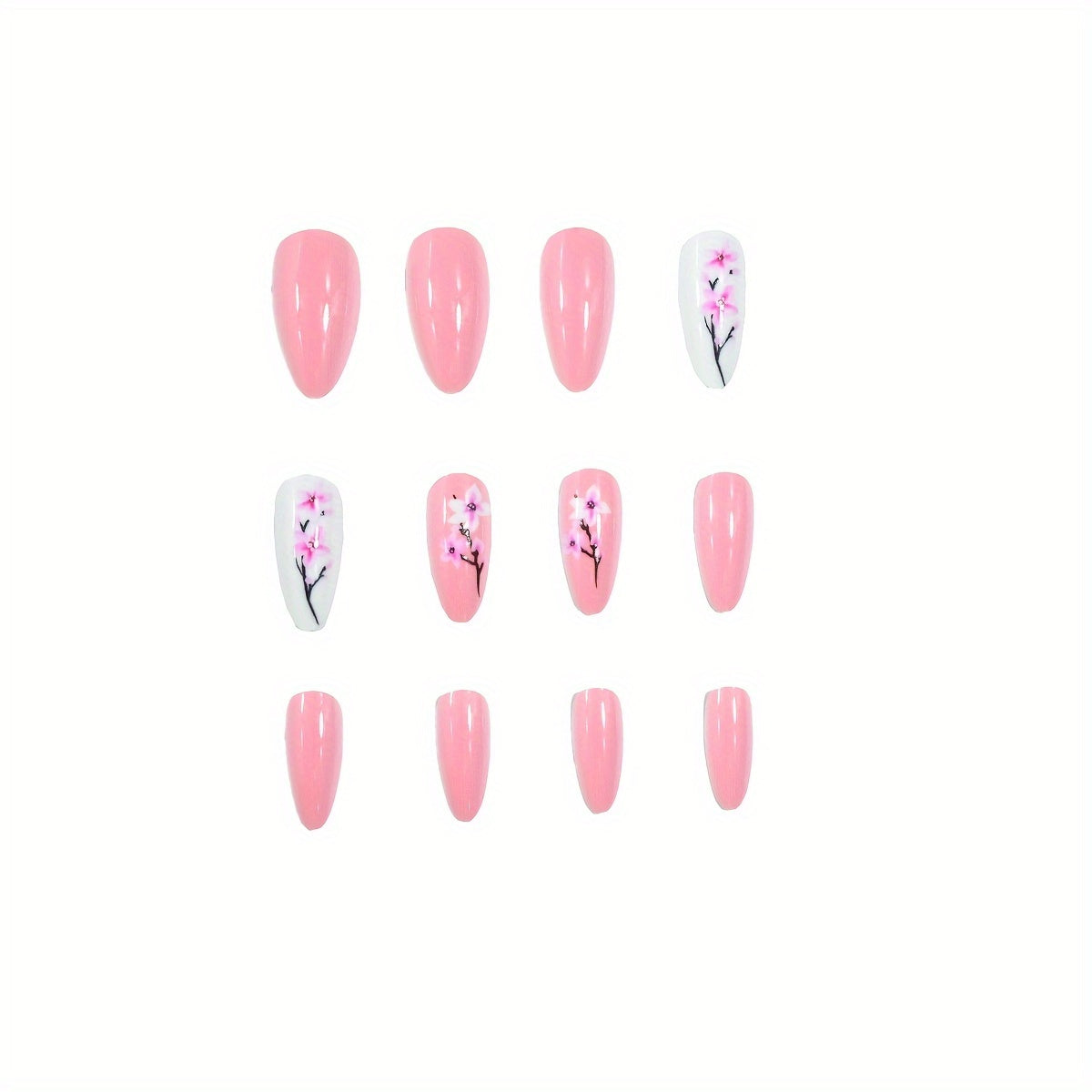 24pcs Press-On Nails Set, Almond Shape, Pink Fresh Floral Design, Long Length, Glossy Finish, Fake Nails with 1 Nail File & 1 Jelly Glue, Nail Art for Beauty & Personal Care