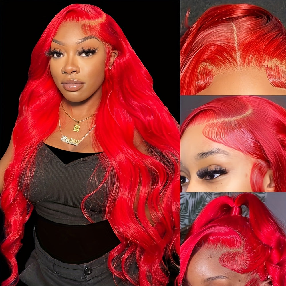 [Bright Red Lace Front Wig] 28" Bright Red Glueless Lace Front Wig | Natural Looking Body Wave Human-like Hairpiece with 13x4 HD Transparent Lace Frontal, Pre-Pucked Hairstline, 200% Density for Women, Everyday & Special Even