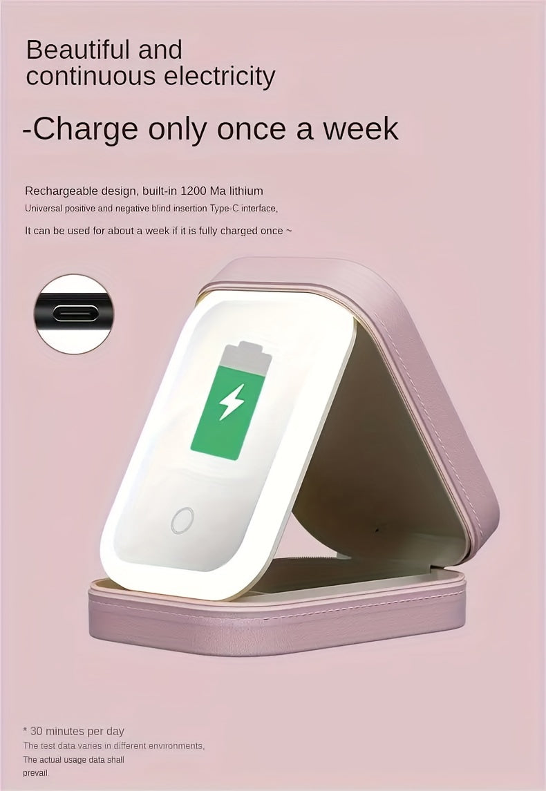 1pc Large Capacity Travel Makeup Case with LED Light and Built-in Mirror - Foldable, Dresser Mount, Glass Surface, Powder Coated Finish, USB Charging, 1000mAh Battery - Durable Cosmetic Storage Box for On-the-Go Beauty, Ideal