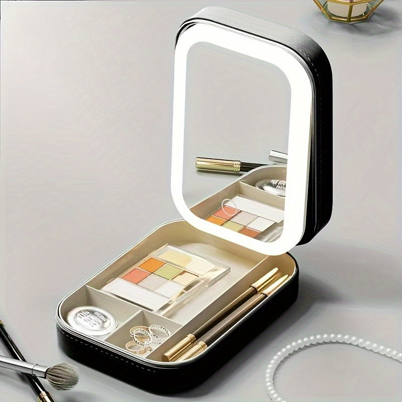 1pc Large Capacity Travel Makeup Case with LED Light and Built-in Mirror - Foldable, Dresser Mount, Glass Surface, Powder Coated Finish, USB Charging, 1000mAh Battery - Durable Cosmetic Storage Box for On-the-Go Beauty, Ideal