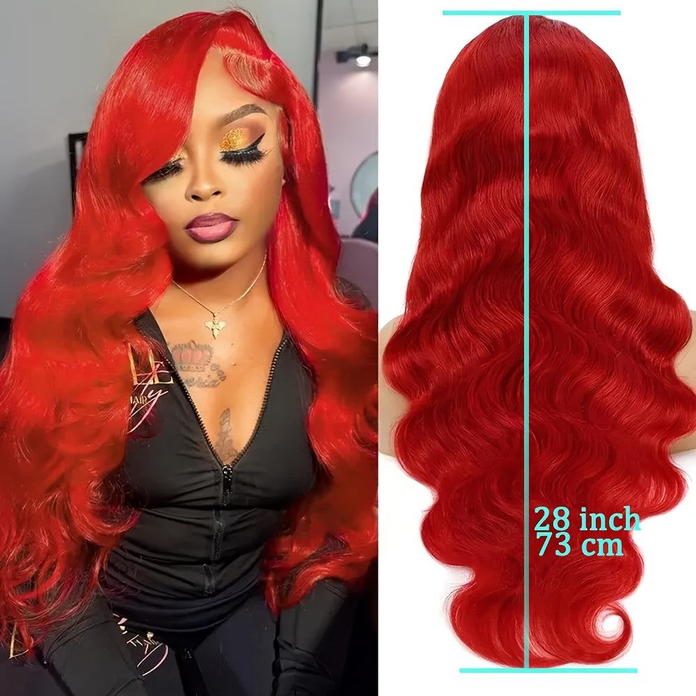 [Bright Red Lace Front Wig] 28" Bright Red Glueless Lace Front Wig | Natural Looking Body Wave Human-like Hairpiece with 13x4 HD Transparent Lace Frontal, Pre-Pucked Hairstline, 200% Density for Women, Everyday & Special Even
