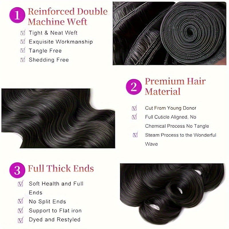 3 Bundles Brazilian Virgin Human Hair Extensions - Dark Brown/Black Body Wave Weave, Natural Look & Fullness, Remy Hair Wefts for Women, Voluminous Waves, Everyday & Special Events, Brazilian Hair Bundles, Event Hairpiece, Bo